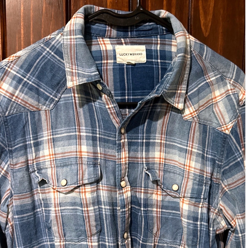 Lucky Brand Women Shirt S Blue Plaid Western Pearl Snap Button Long Sleeve - Picture 3 of 7